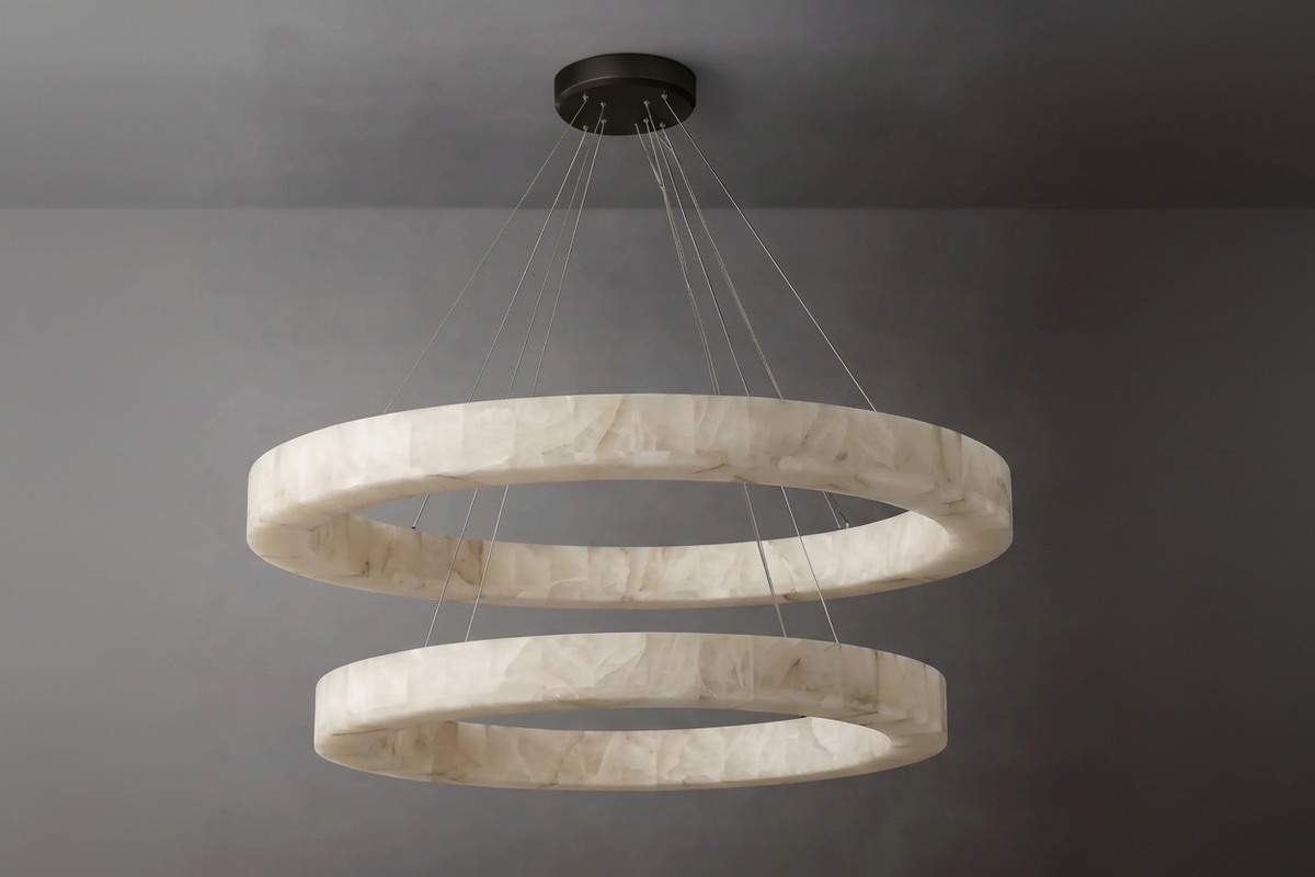 Double Round Alabaster Ring Chandelier | Two-tier Stone Halo Modern Minimalist Dining & Living Casalolalights Luxury
