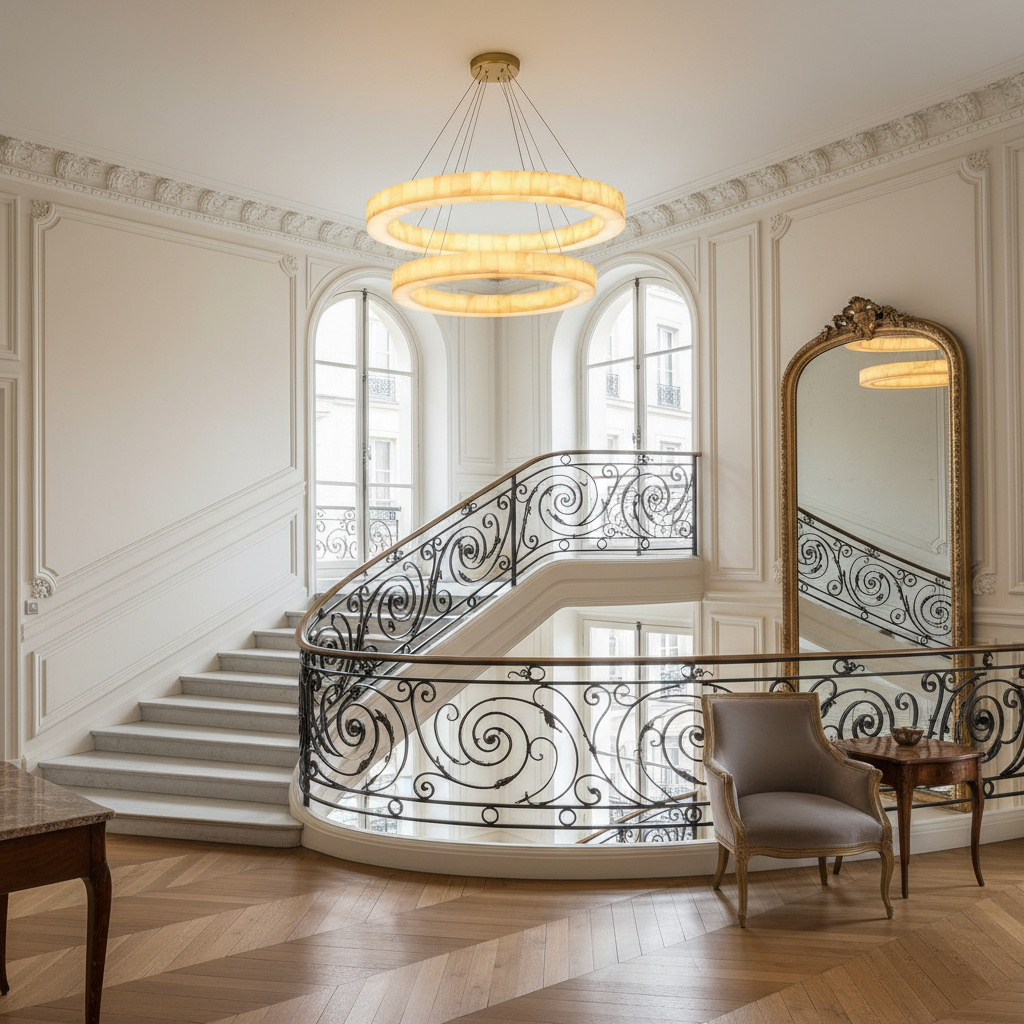 Double Round Alabaster Ring Chandelier | Two-tier Stone Halo Modern Minimalist Dining & Living Casalolalights Luxury
