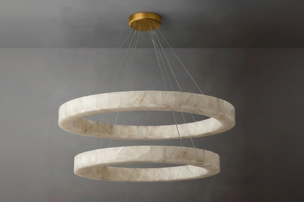 Double Round Alabaster Ring Chandelier | Two-tier Stone Halo Modern Minimalist Dining & Living Casalolalights Luxury