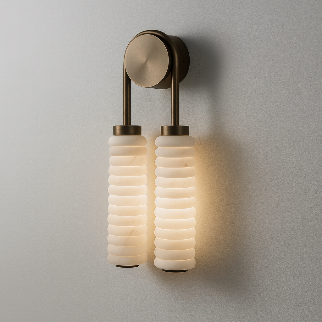 Double Spanish Marble Wall Sconce – Brass Bathroom Vanity & Bedroom Light with Warm Led