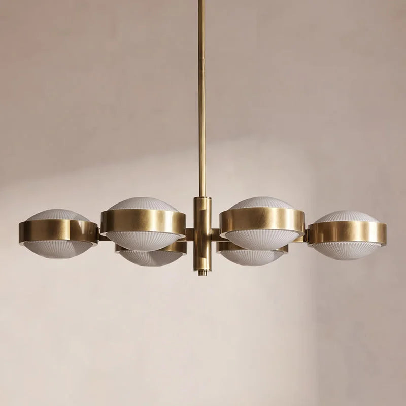 Brass Linear Chandelier | 6-light Fluted-glass & Solid-brass 85cm Mid-century Dining Island Casalolalights Luxury Lamps