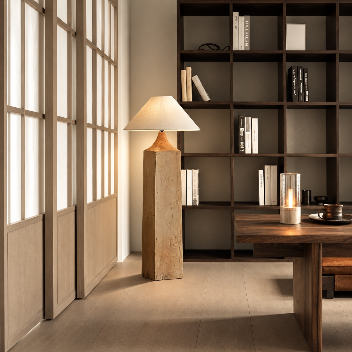 Elkann CL980 floor lamp beside gridded doors and a dark bookshelf