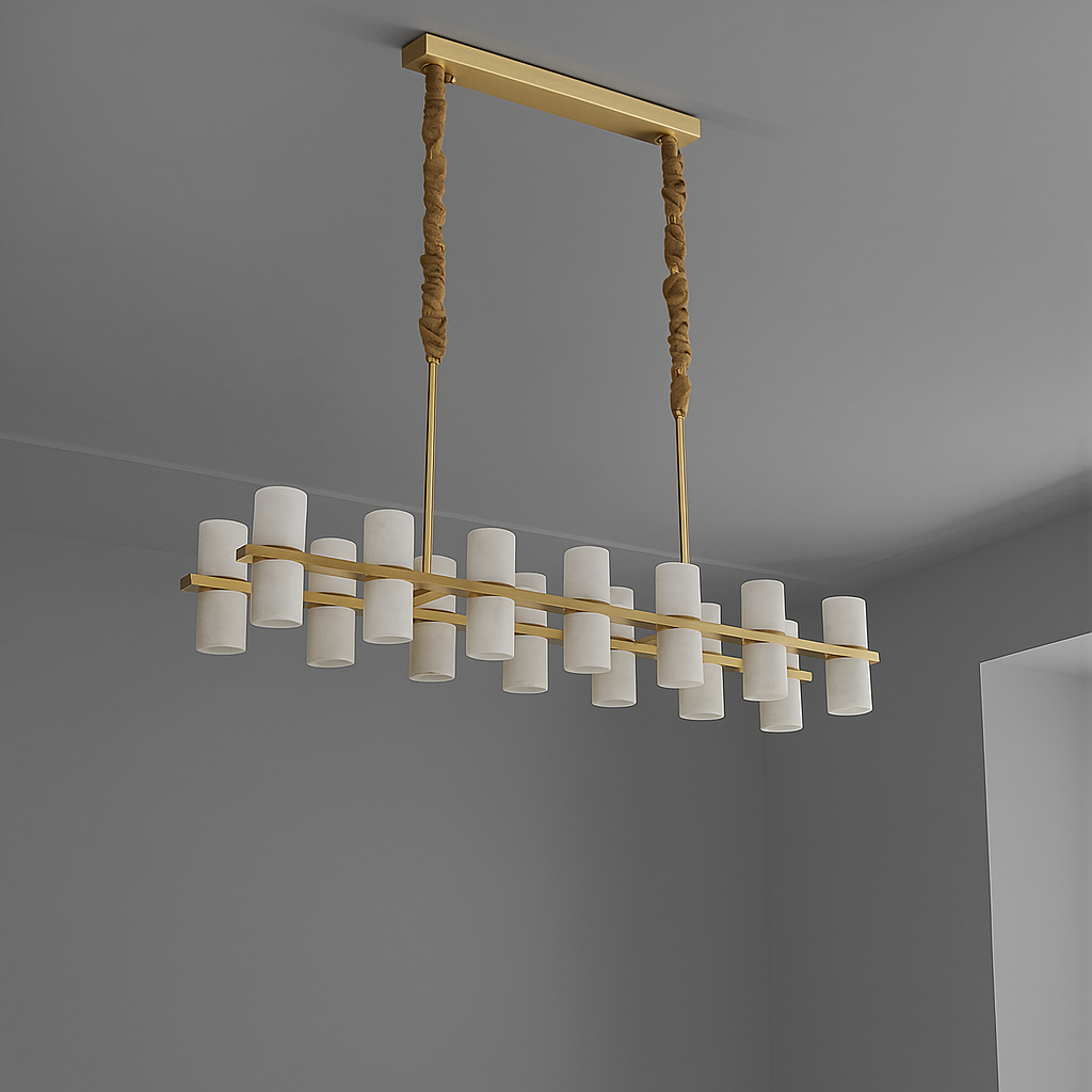 Alabaster Linear Chandelier | Hand-carved Cylinder & Brass Dining Light 85-120cm Modern Room Casalolalights Luxury