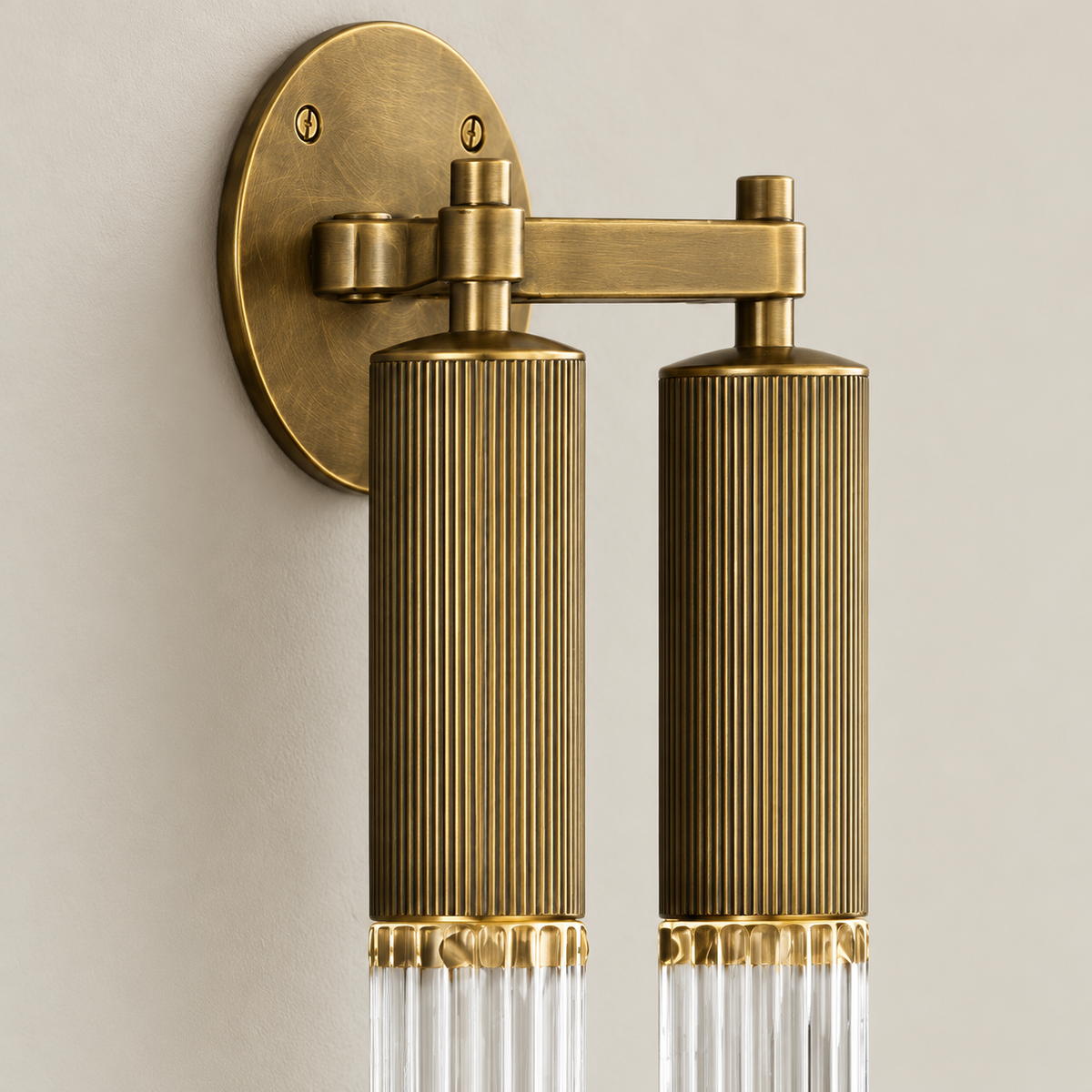 Detail of the ribbed brass housings and clear glass cylinders.