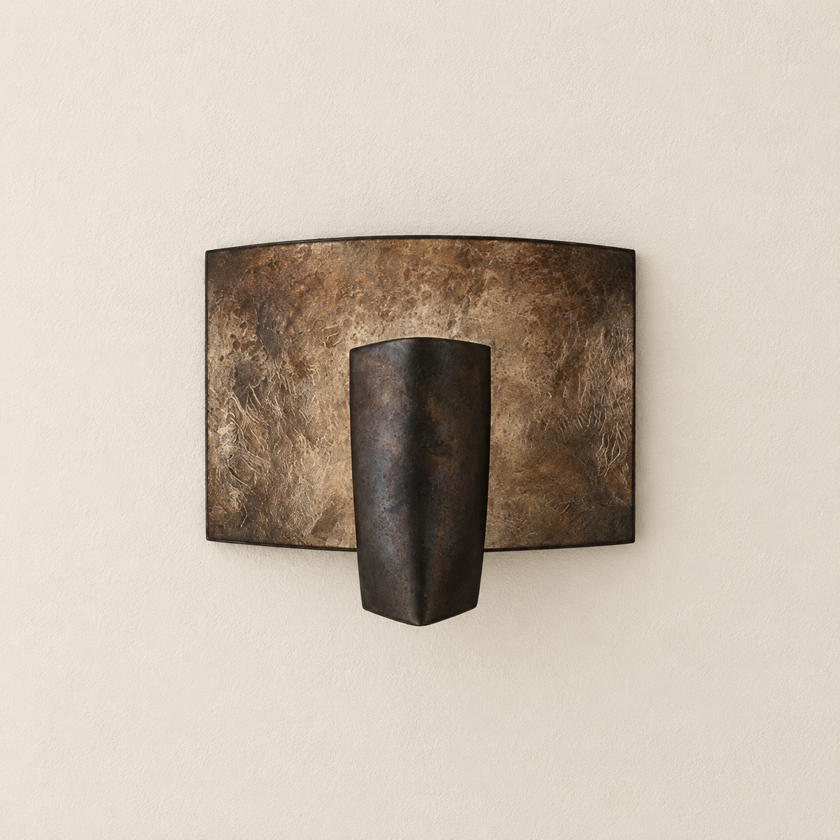Kyrin forged aluminium wall sconce with a dark hammered panel, front view with the light off.