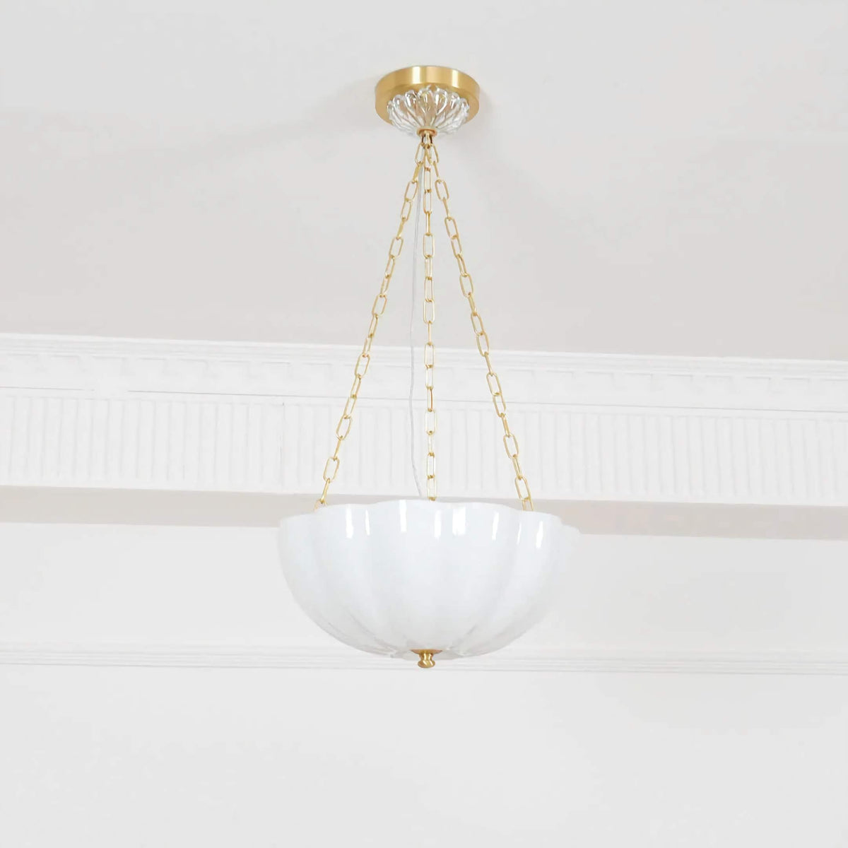 Frosted Glass Bowl Chandelier with Brass Chain – Classic Dining Room ...