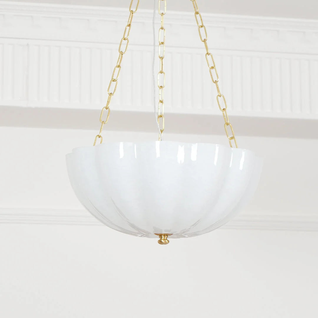 Frosted Glass Bowl Chandelier | Semi Flush Brass Fixture for Foyer