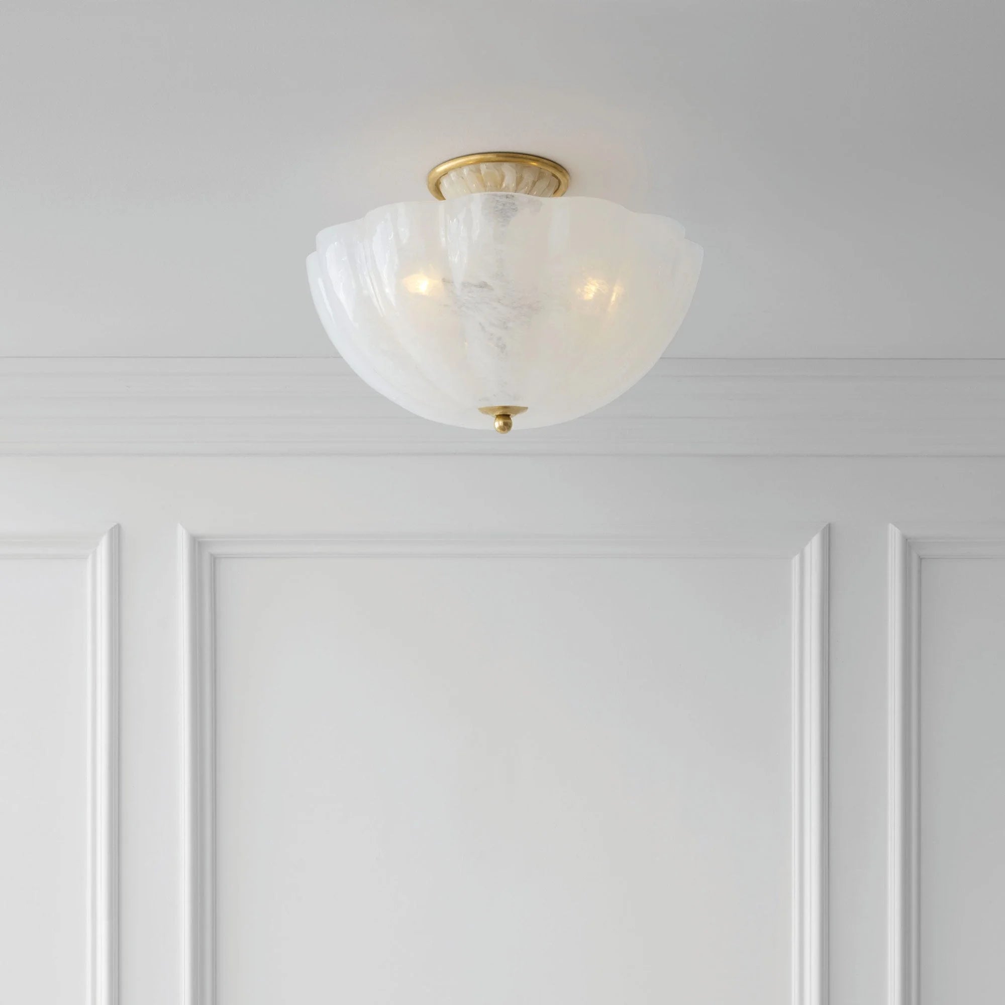 Frosted Glass Bowl Chandelier | Semi Flush Brass Fixture for Foyer