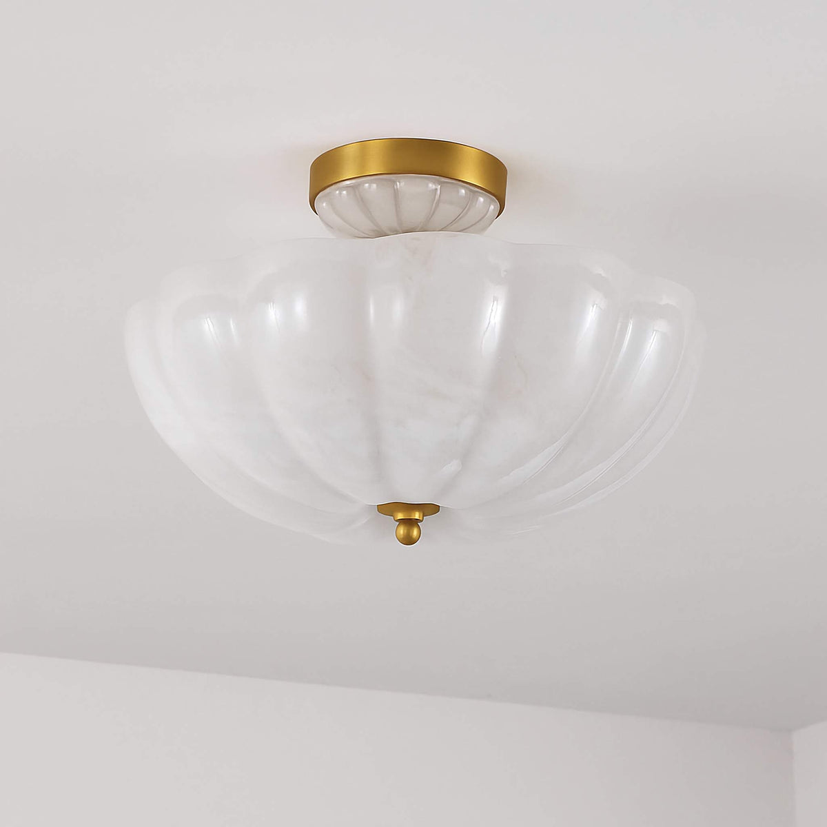 Frosted Glass Semi Flush Mount Ceiling Light for Dining Room | Brass Chains 16 or 21 Inch Scalloped Rim Casalola Lights