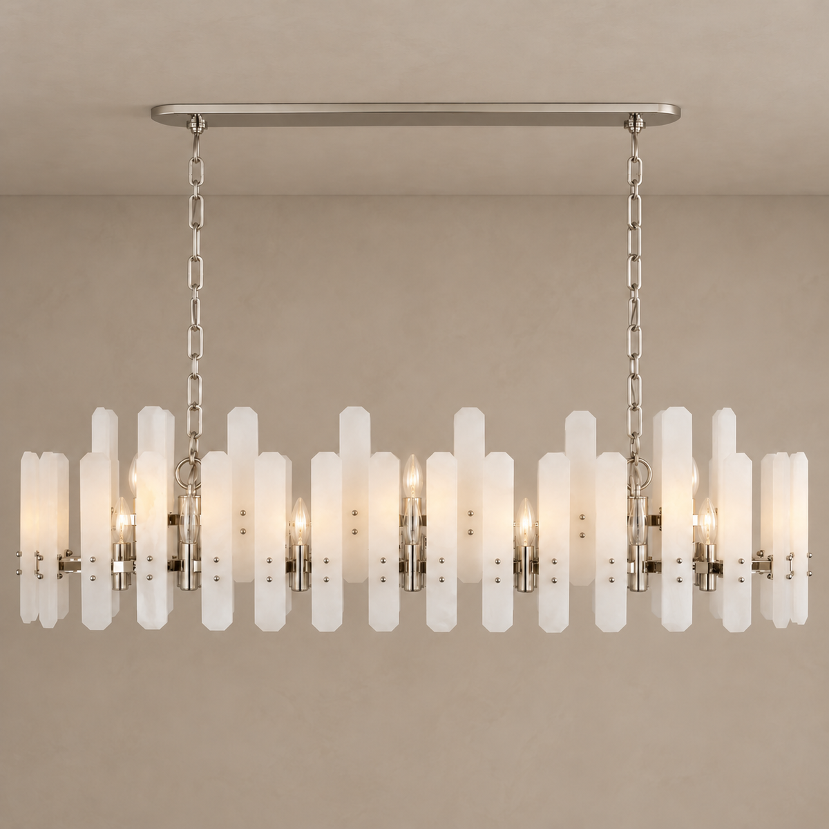 Silver frosted-glass chandelier illuminated, with twin chains and staggered panels.