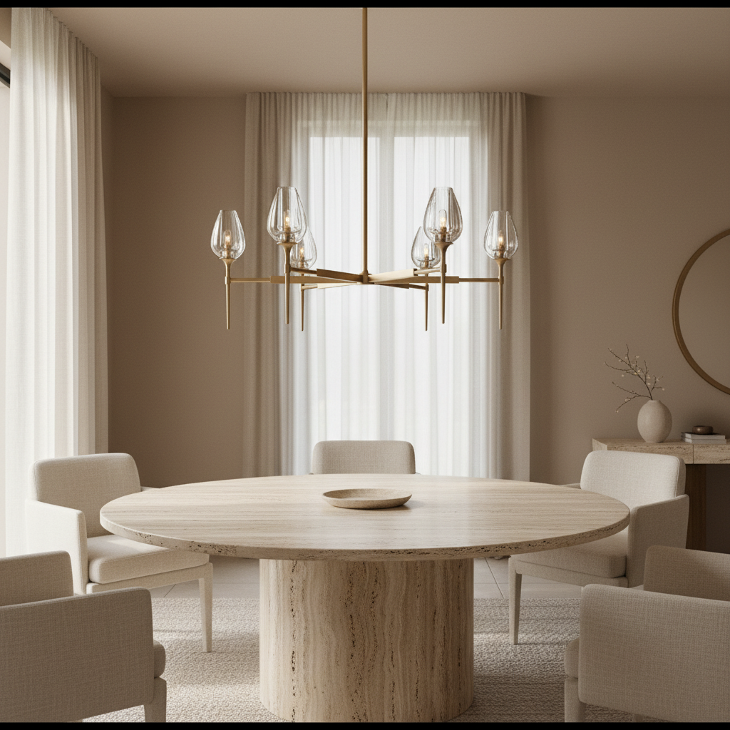 Smoked-glass tulip shades on a brushed-brass frame glowing warm