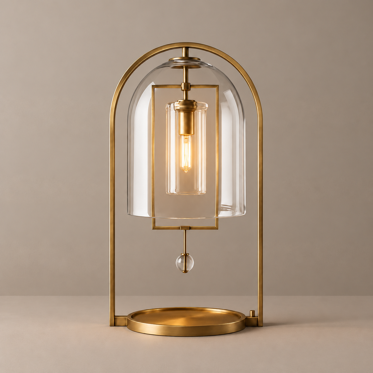Brass and clear glass lamp with the central bulb illuminated.