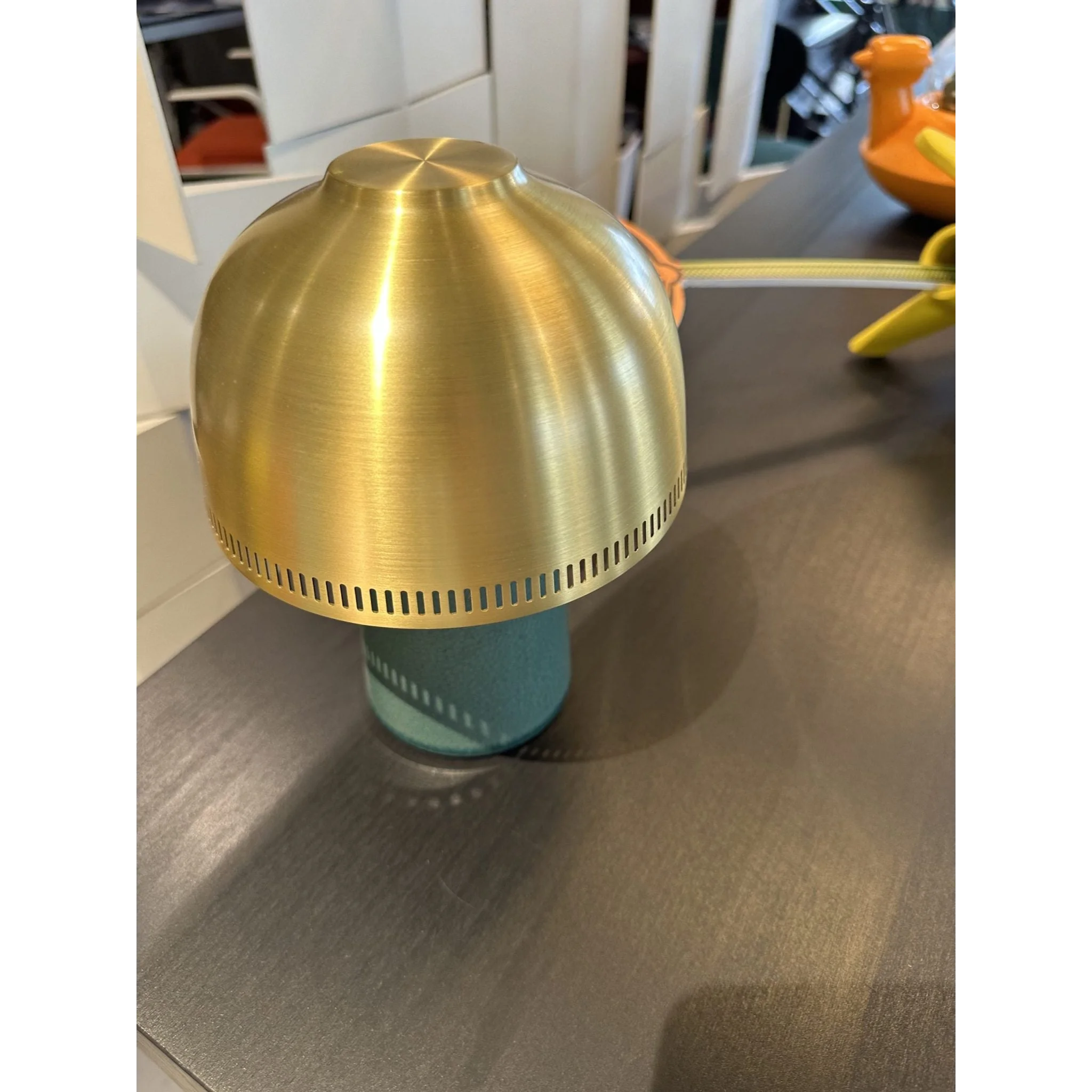 Green Crackle Glaze Ceramic Table Lamp | Brass Dome Sculptural Light