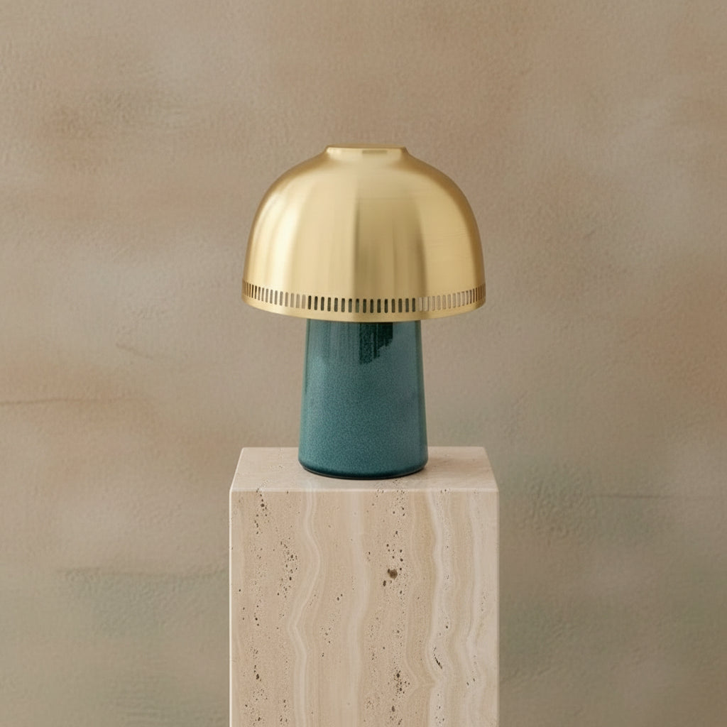 Green Crackle Glaze Ceramic Table Lamp | Brass Dome Sculptural Light