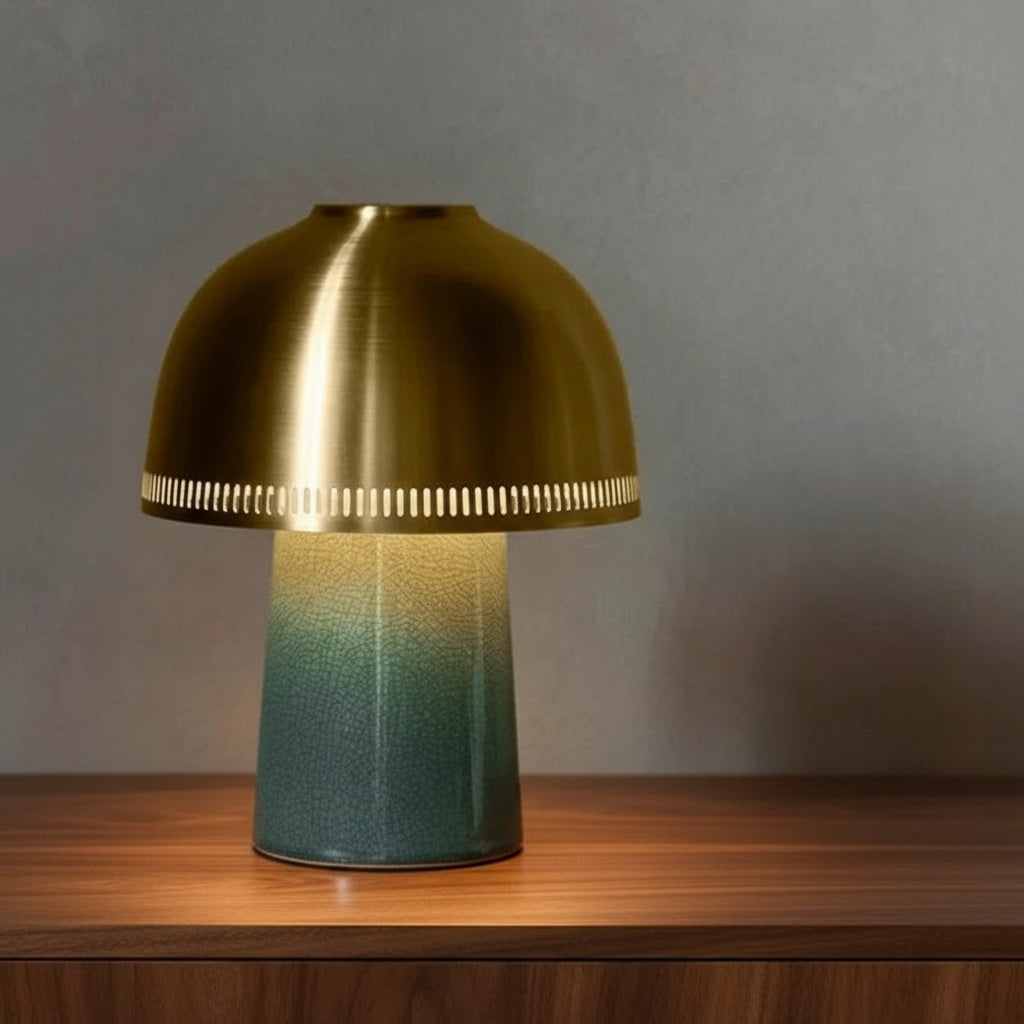 Green Crackle Glaze Ceramic Table Lamp | Brass Dome Sculptural Light