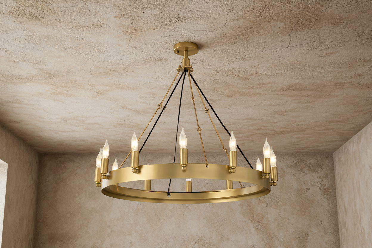 ZLATÝ STAROŽITNÝ MOSAZNÝ RINGOVÝ LUSTER S RAMENY NA SVÍČKY