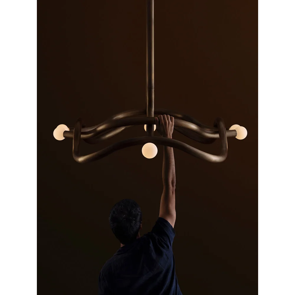 Brass Mid Century Chandelier | Sculptural 4 Light Pendant with Opal Globes | Statement Fixture for Dining or Lounge