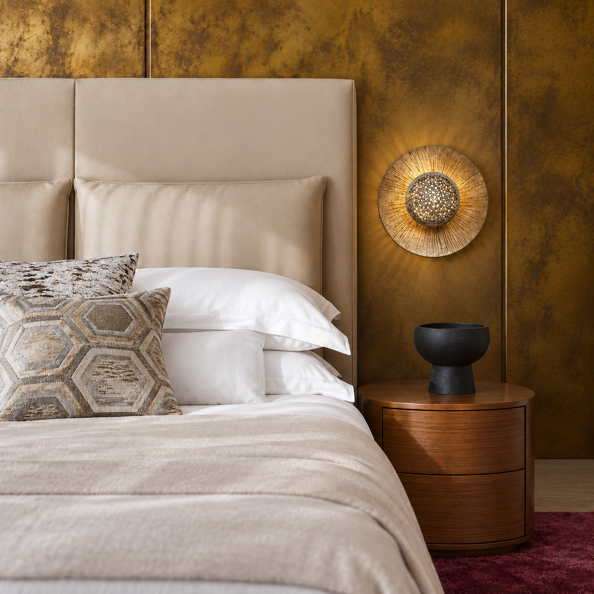 Gold textured disc wall light mounted on the wall above a bedside cabinet, clear of the upholstered headboard.