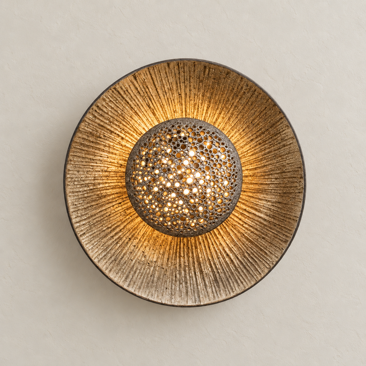 Gold disc sconce illuminated through its perforated central dome.
