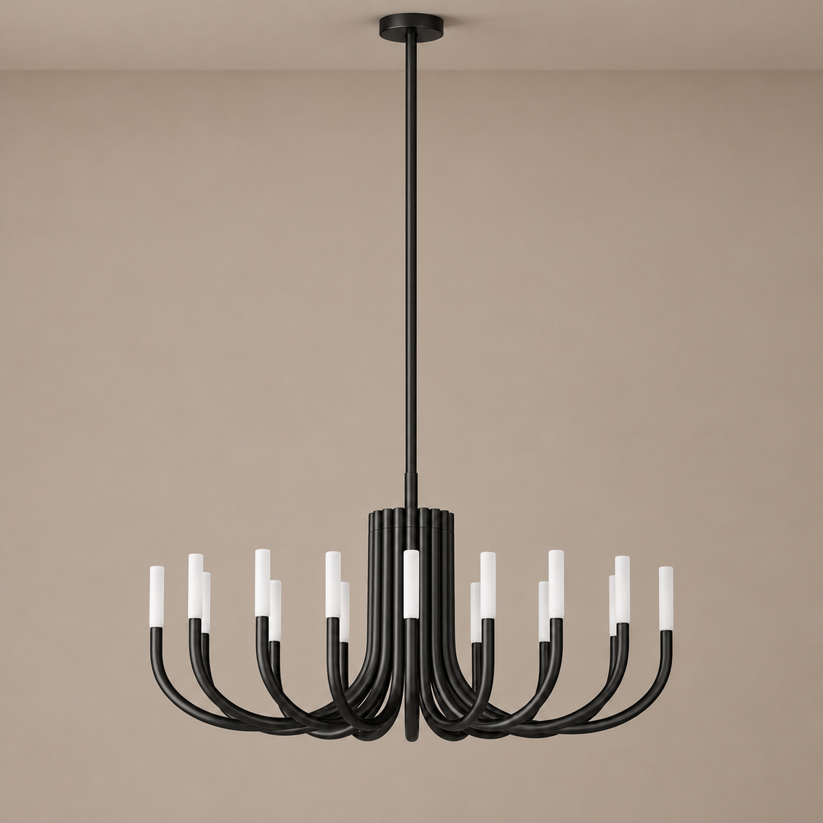 Grand Black Candelabra chandelier with white cylindrical shades, unlit
