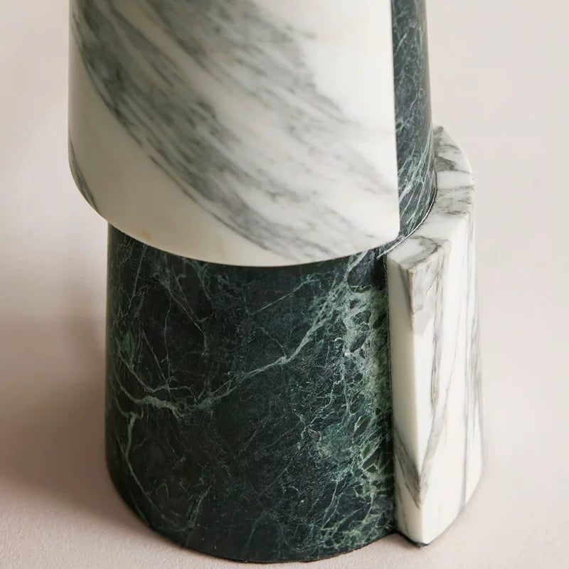 Art Deco Green Marble Table Lamp with Linen Shade | Modern for Console Living Room Bedroom