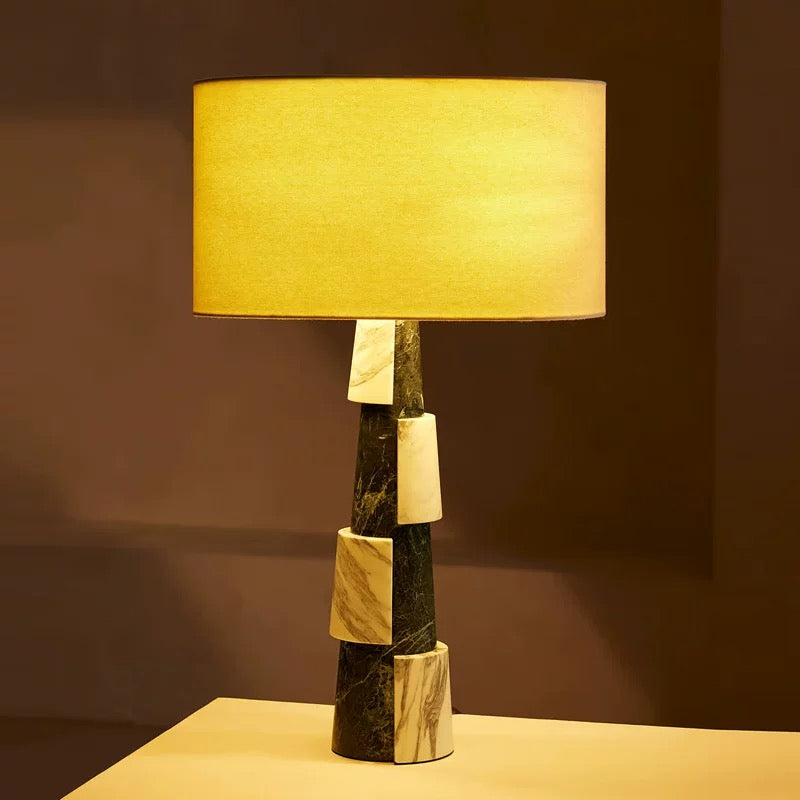 Art Deco Green Marble Table Lamp with Linen Shade | Modern for Console Living Room Bedroom