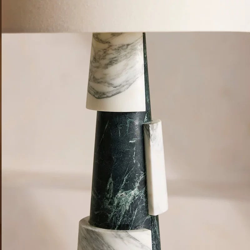 Art Deco Green Marble Table Lamp with Linen Shade | Modern for Console Living Room Bedroom