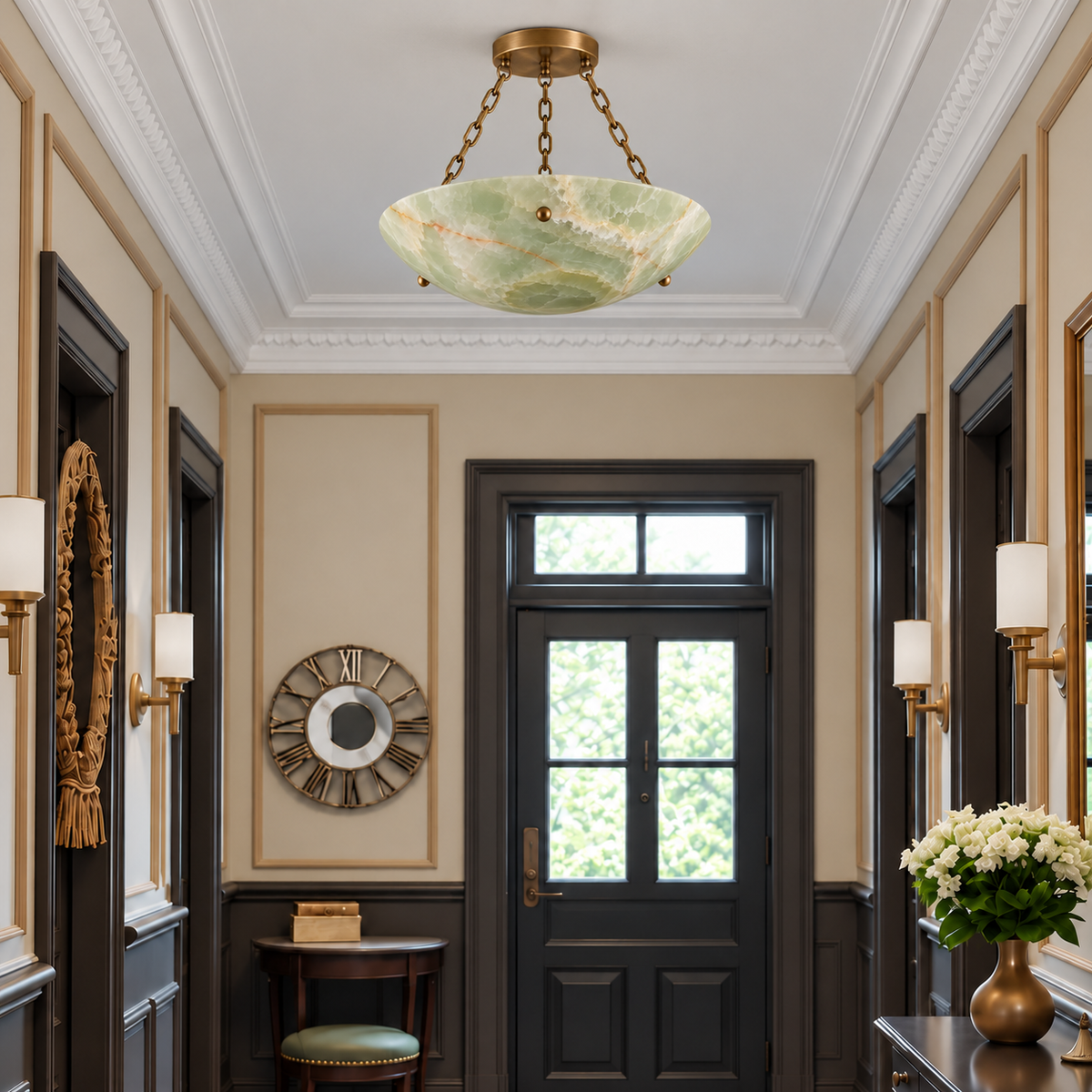 Green Onyx Semi-Flush with Brass Chains mounted in a panelled entryway, shown in natural daylight.