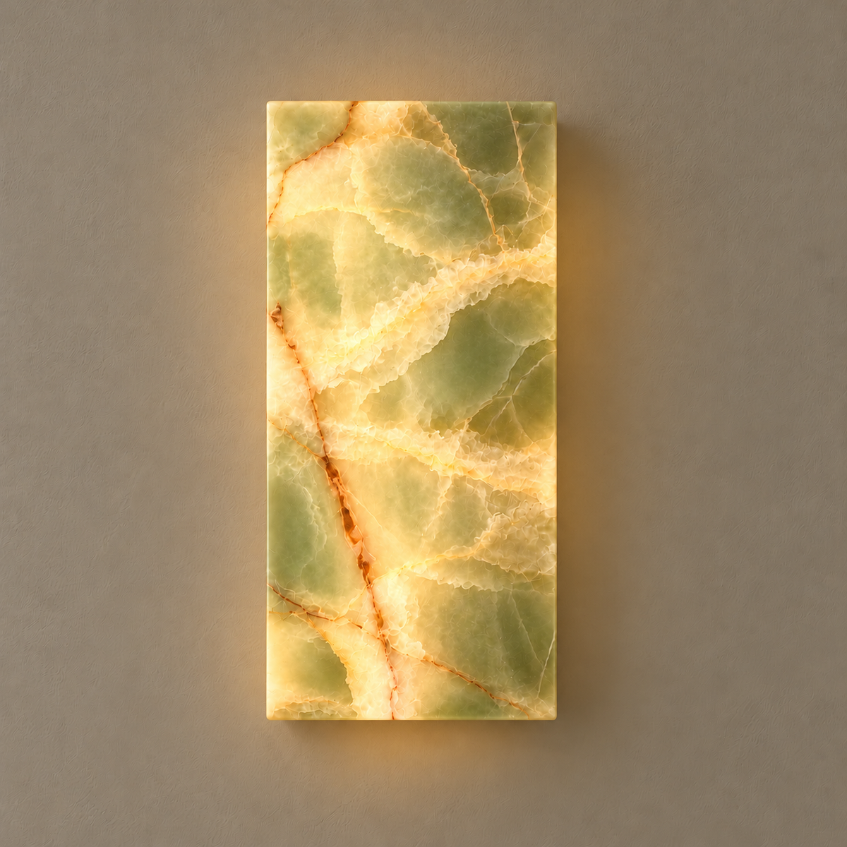 Green Onyx Column Wall Lamp with IP65 rating illuminated, with the same natural stone bands visible. Small: 30 cm high × 15 cm wide.