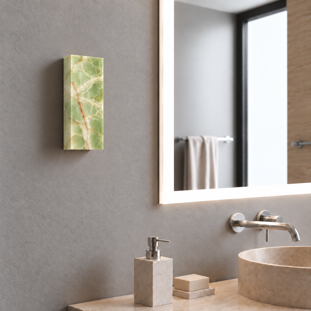 Green Onyx Column Wall Lamp with IP65 rating mounted beside a bathroom vanity mirror, shown in natural daylight.