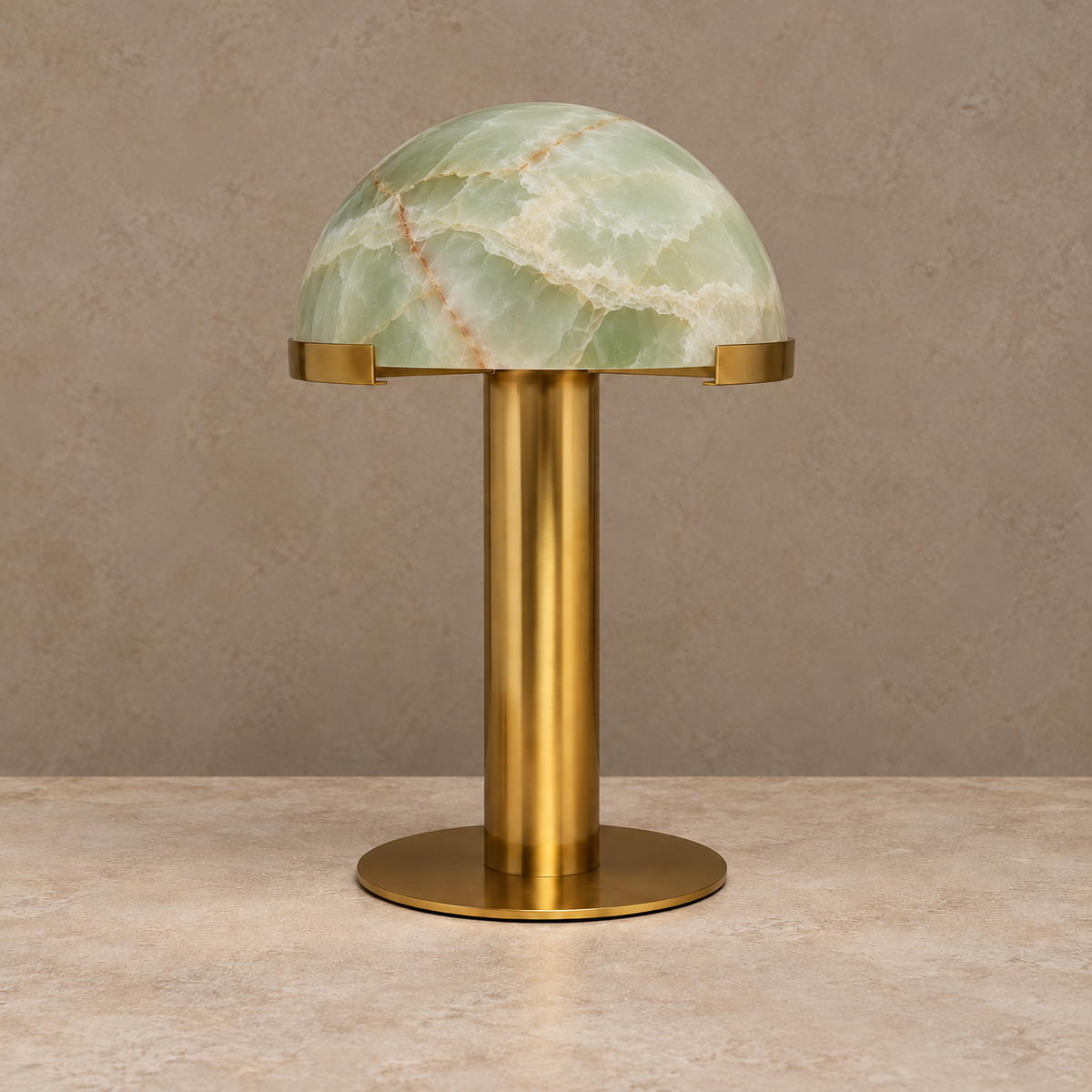 Green Onyx Dome Table Lamp with Brass, switched off. 50 cm high × 30 cm dome diameter.