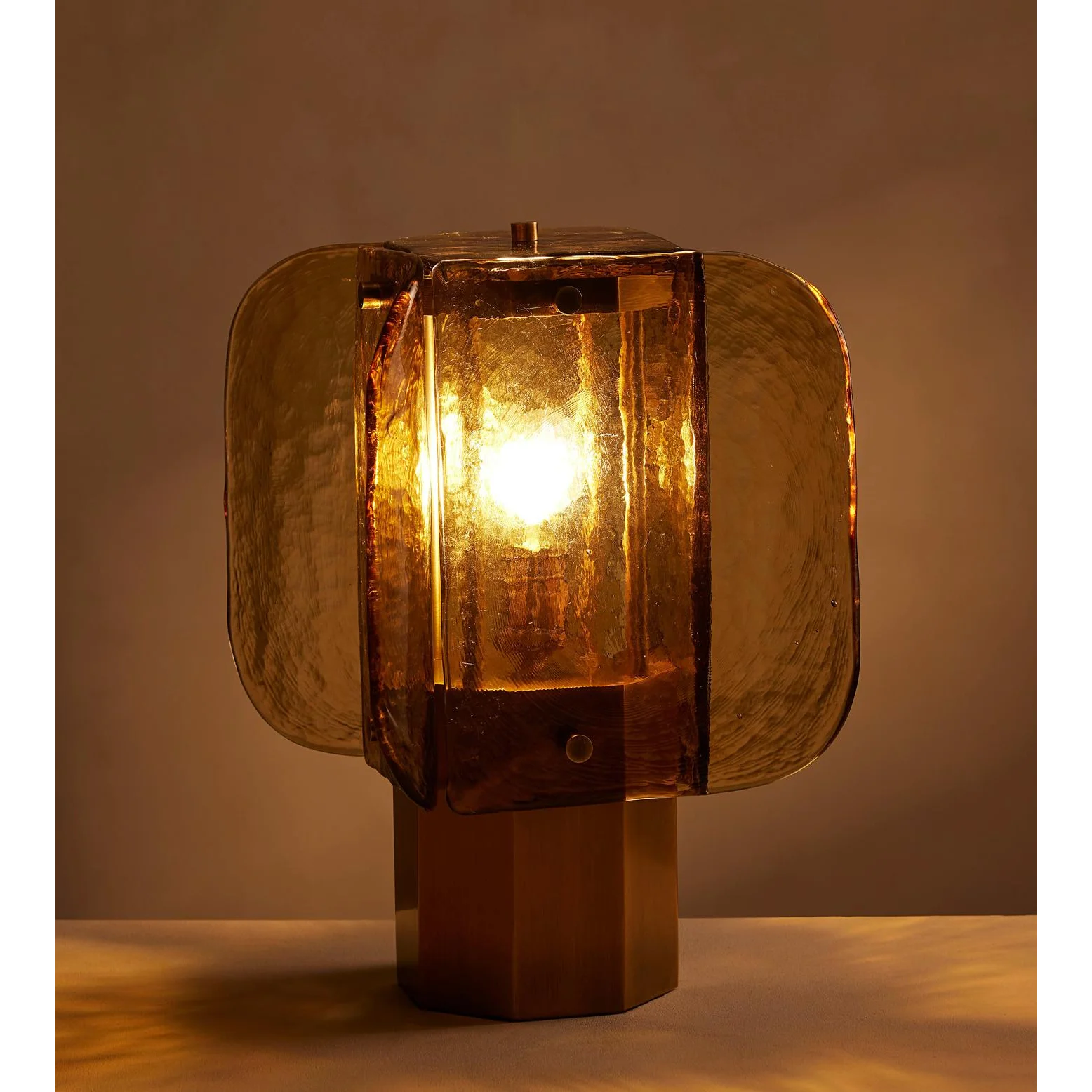 Hand Blown Amber Glass Table Lamp | Sculptural Brass Accent