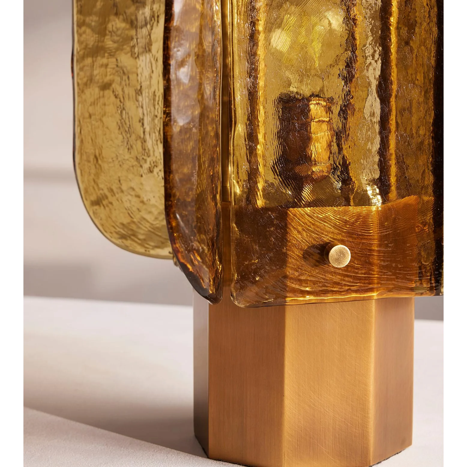 Hand Blown Amber Glass Table Lamp | Sculptural Brass Accent