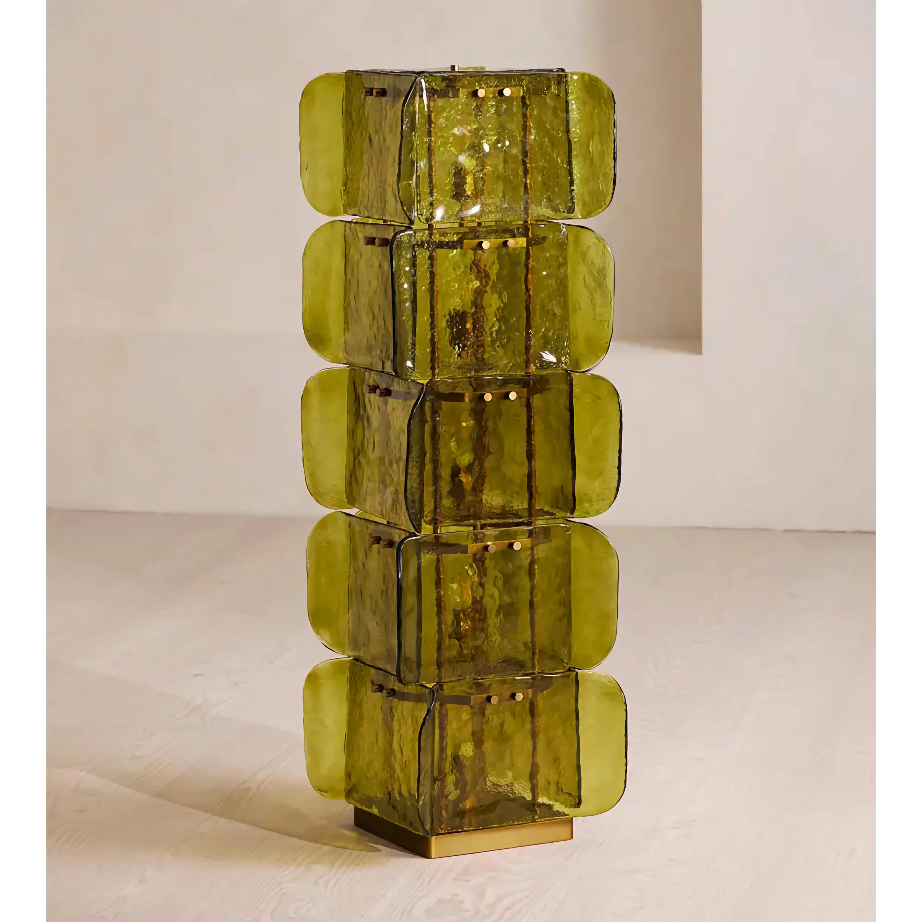 Living Room Hand Blown Olive Glass Totem Floor Lamp – Mid Century Modern Statement Lighting Warm Diffused Glow