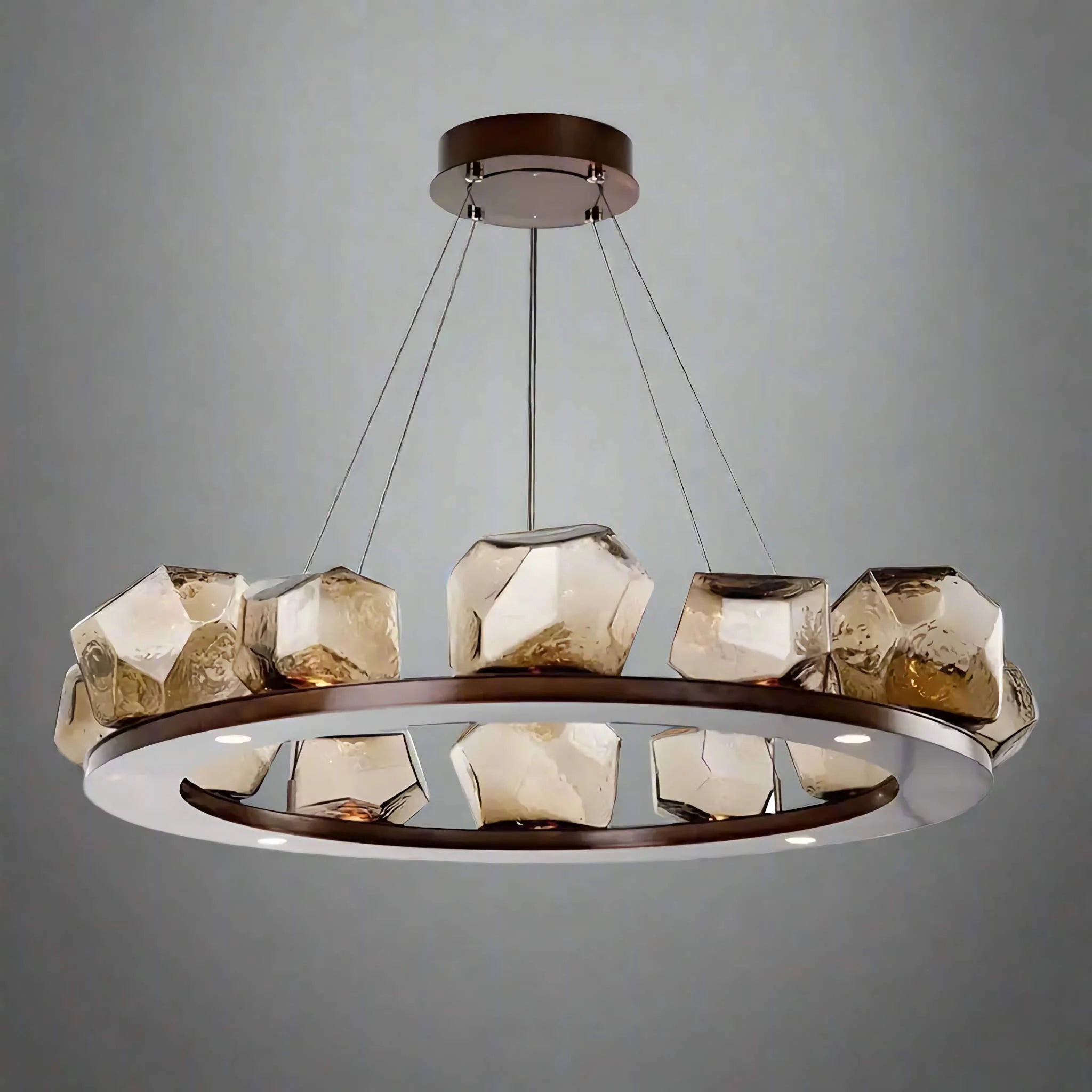 Bronze Ring Chandelier with Hand Blown Glass | Modern Dining Room Pendant Lighting Sculptural Gem Shades