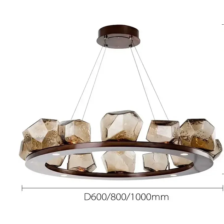 Bronze Ring Chandelier with Hand Blown Glass | Modern Dining Room Pendant Lighting Sculptural Gem Shades