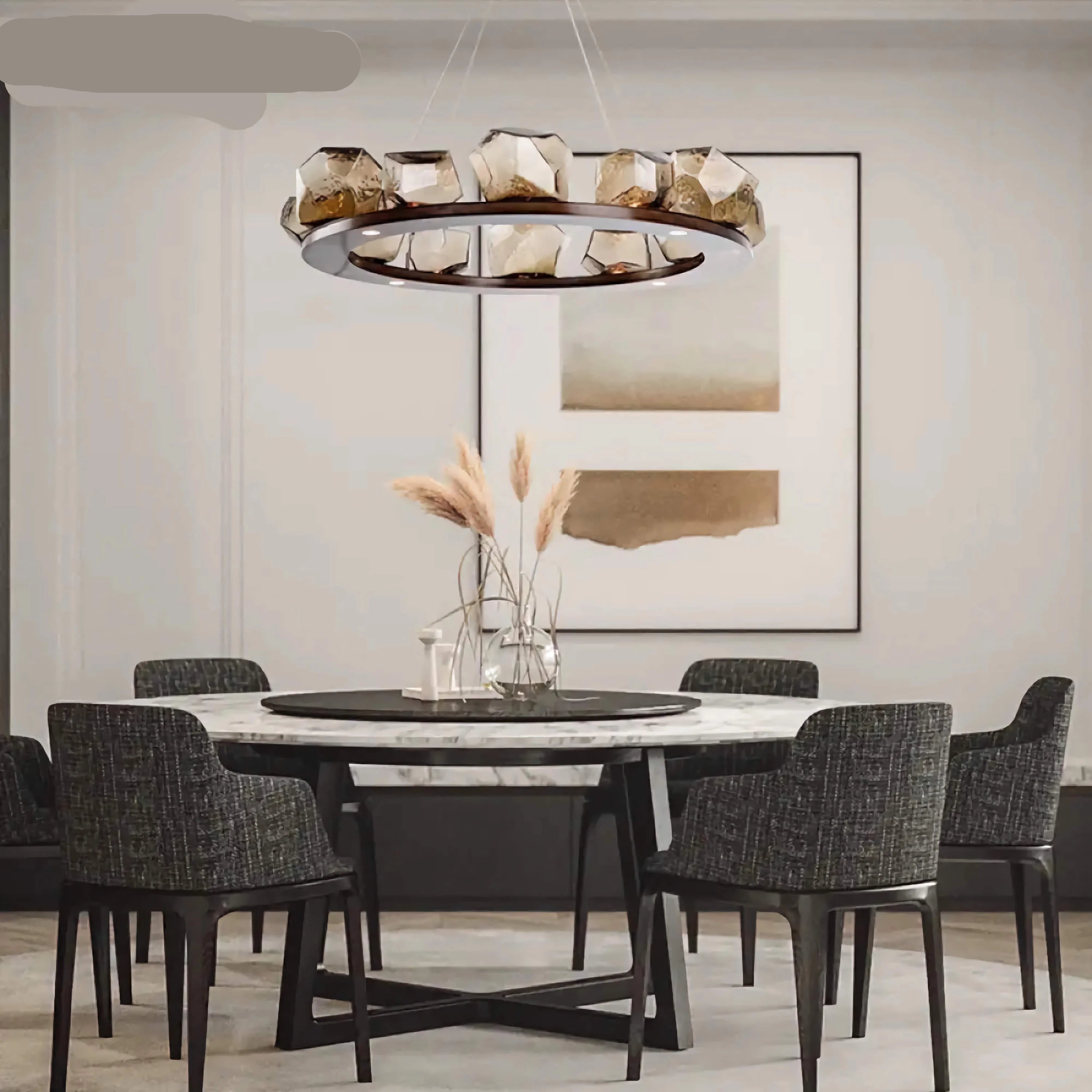 Bronze Ring Chandelier with Hand Blown Glass | Modern Dining Room Pendant Lighting Sculptural Gem Shades