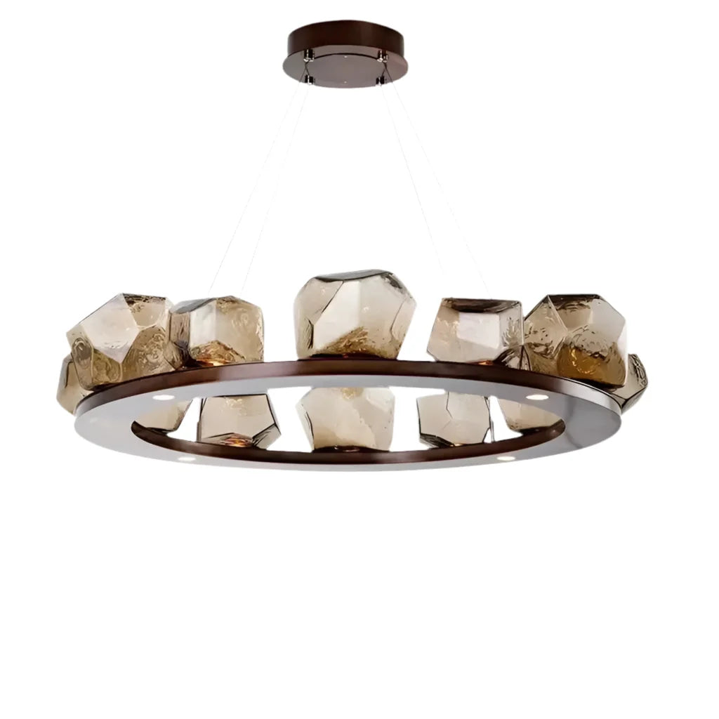 Bronze Ring Chandelier with Hand Blown Glass | Modern Dining Room Pendant Lighting Sculptural Gem Shades