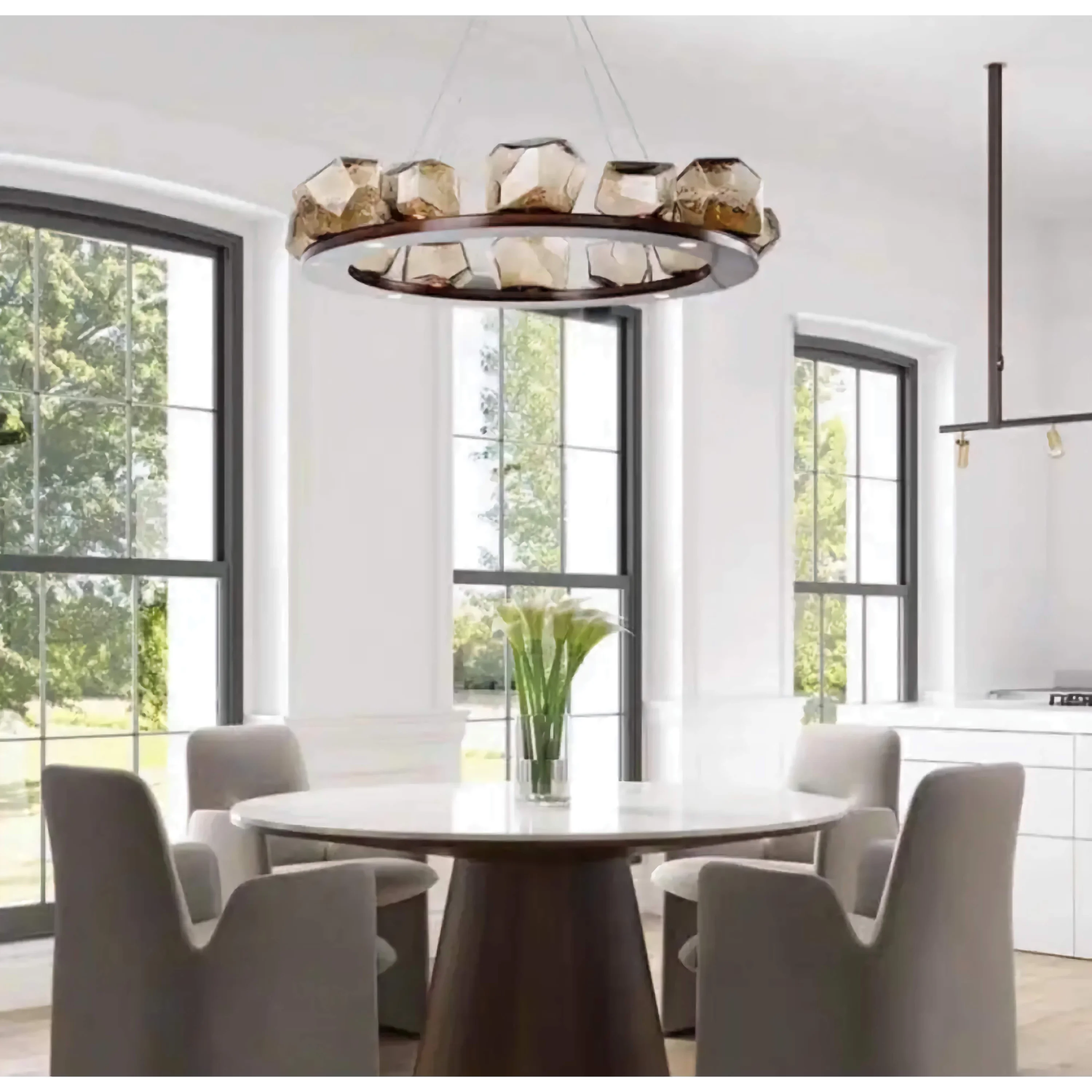 Bronze Ring Chandelier with Hand Blown Glass | Modern Dining Room Pendant Lighting Sculptural Gem Shades
