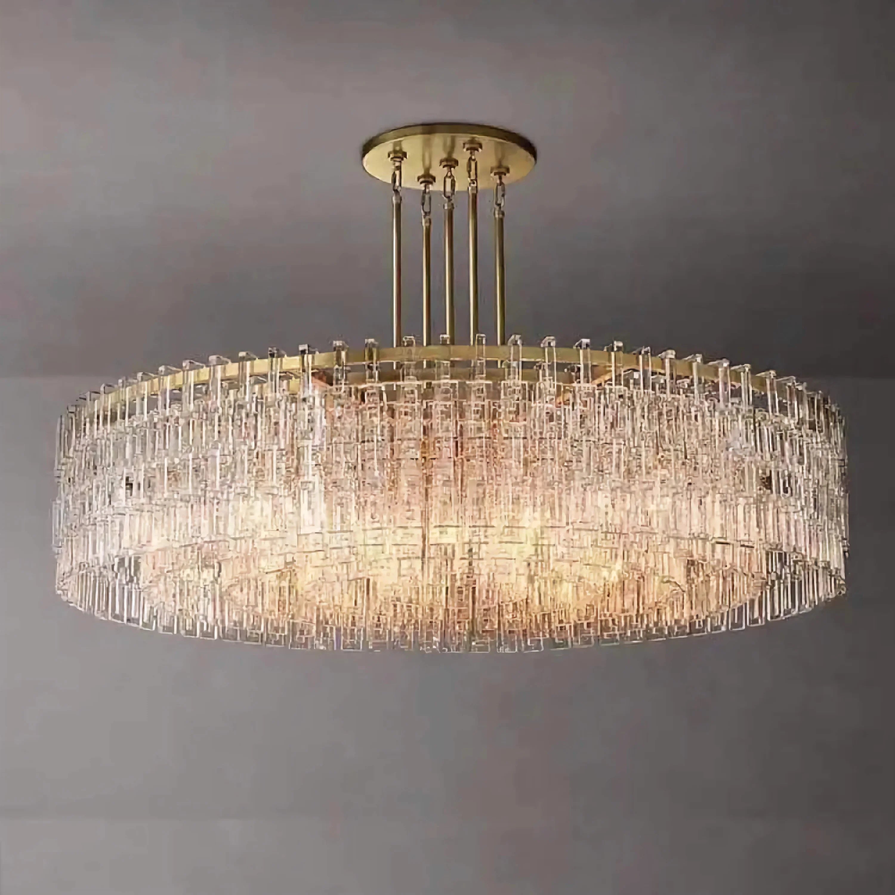 Hand Cut Crystal Drum Chandelier | New York Atelier Brass Ring | Gold Dimmable Living Fixture