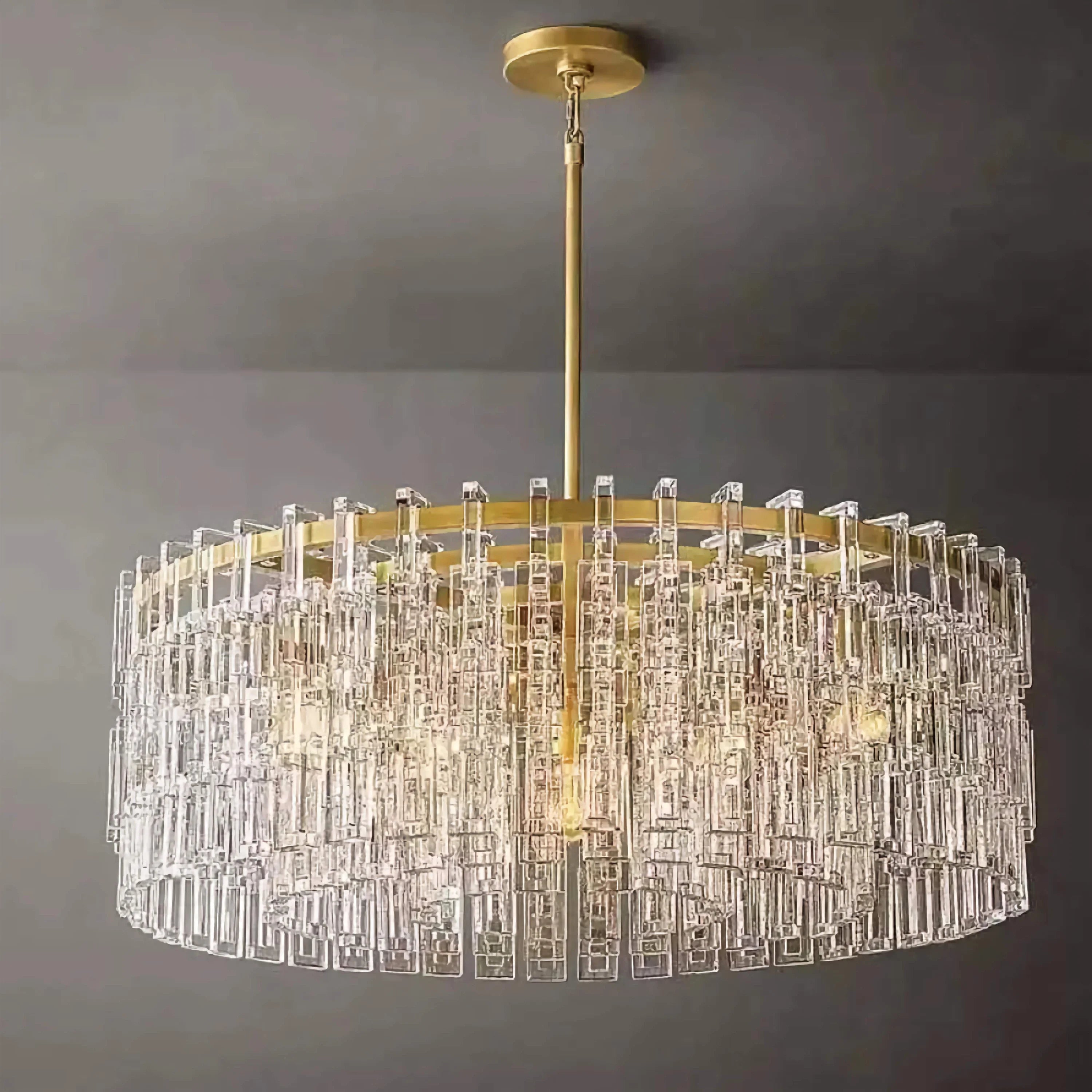 Hand Cut Crystal Drum Chandelier | New York Atelier Brass Ring | Gold Dimmable Living Fixture