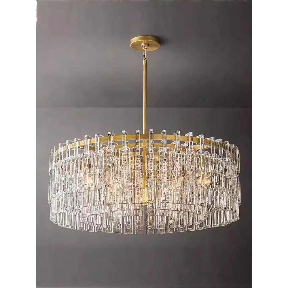 Hand Cut Crystal Drum Chandelier | New York Atelier Brass Ring | Gold Dimmable Living Fixture