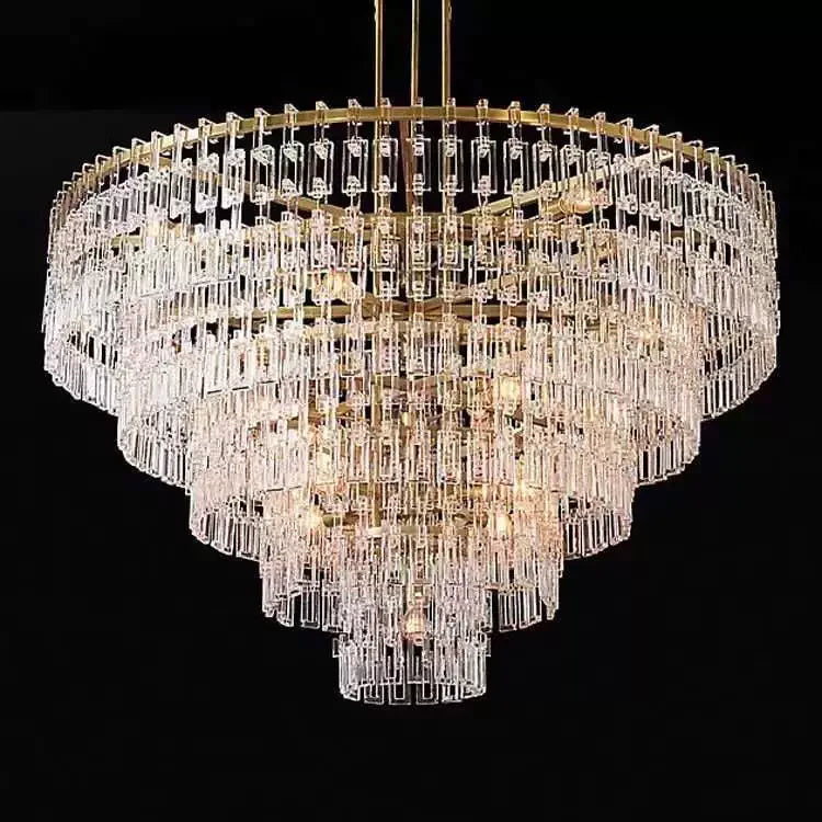 Hand Cut Crystal Tiered Chandelier | New York Atelier Brass Ring | Gold Dimmable Living Fixture