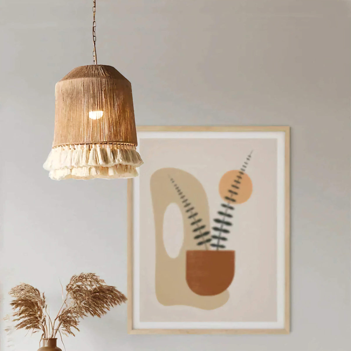 Woven Rattan Pendant Light | Hand-knitted Boho Hanging Lamp with Cotton Frills Living Room & Dining Casalolalights