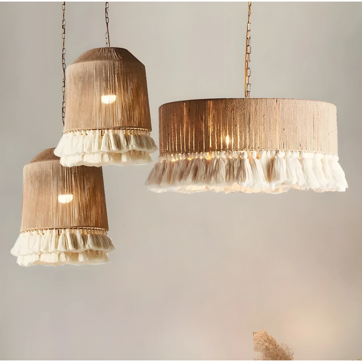 Woven Rattan Pendant Light | Hand-knitted Boho Hanging Lamp with Cotton Frills Living Room & Dining Casalolalights