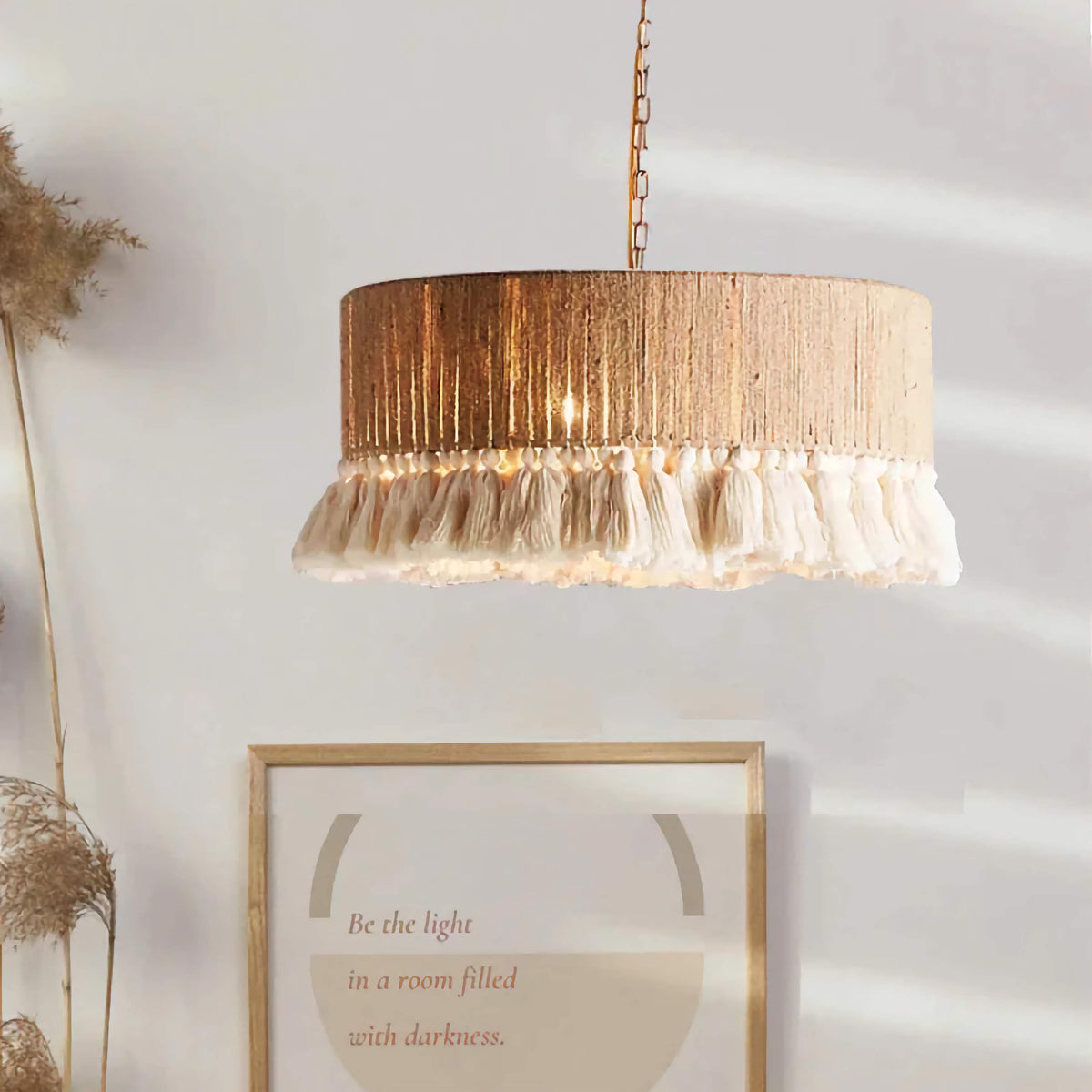Woven Rattan Pendant Light | Hand-knitted Boho Hanging Lamp with Cotton Frills Living Room & Dining Casalolalights
