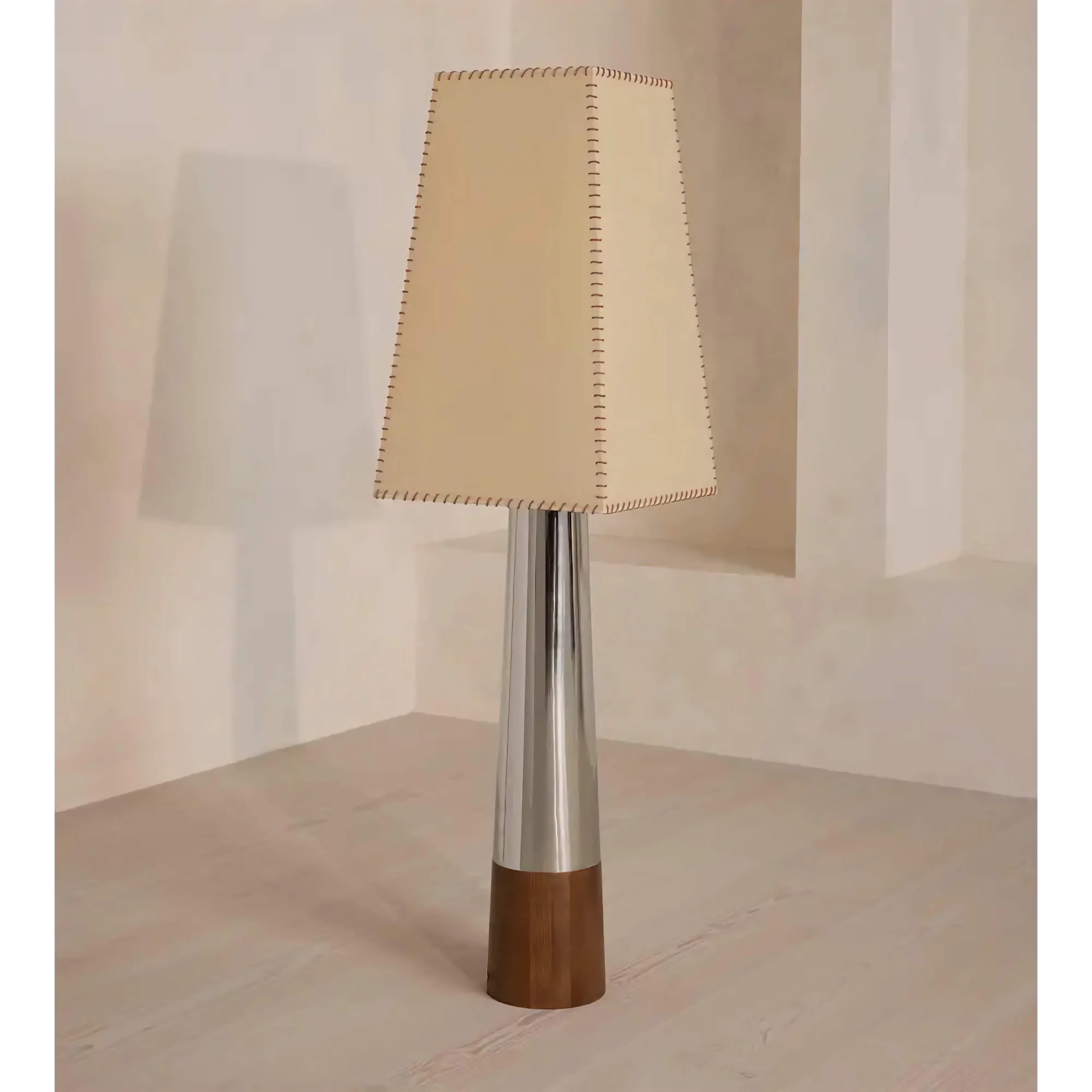 Living Room Polished Chrome & Walnut Column Floor Lamp – Mid Century Modern Statement Lighting Hand Stitched Shade Glow