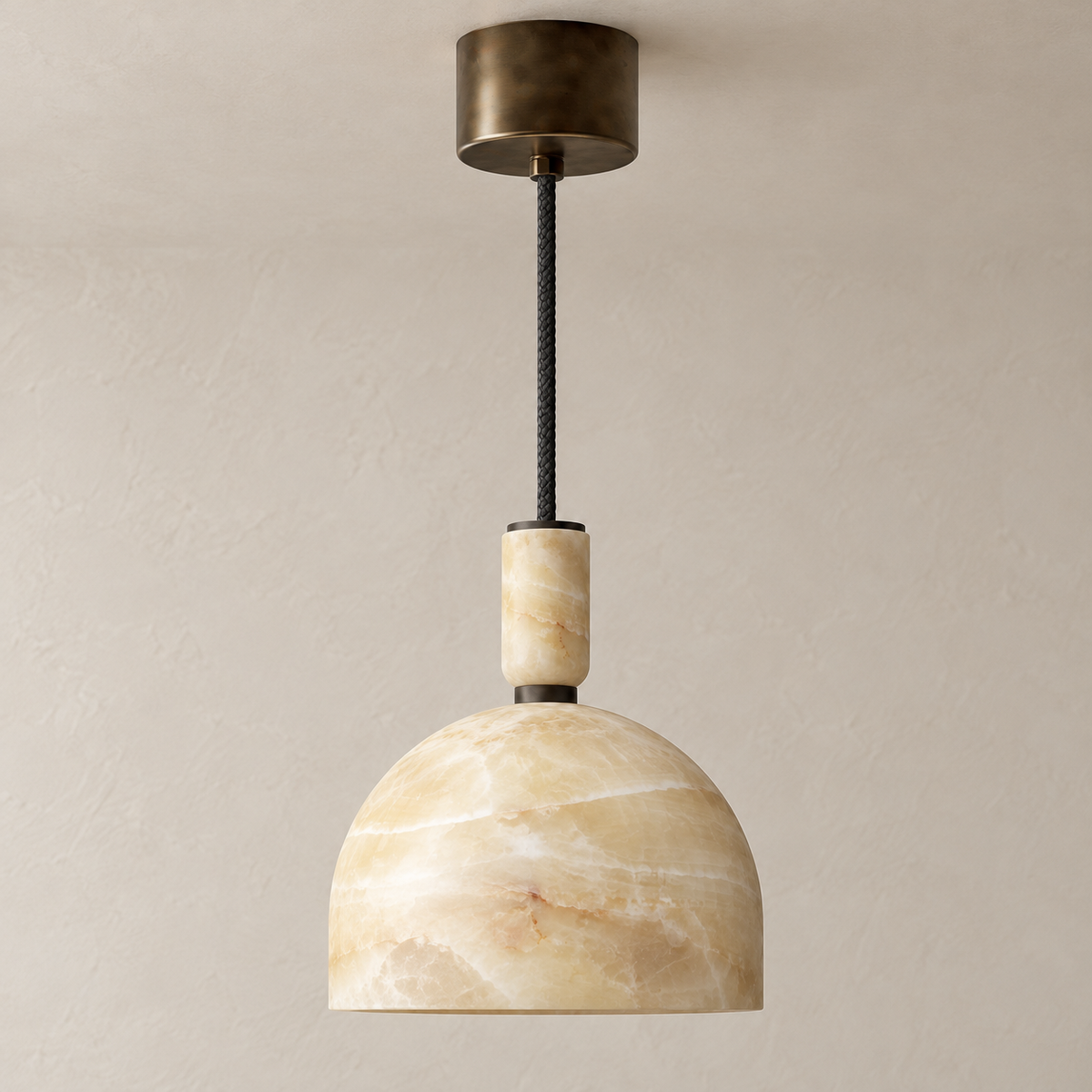 14 cm honey onyx dome pendant with a dark-bronze ceiling rose, switched off.