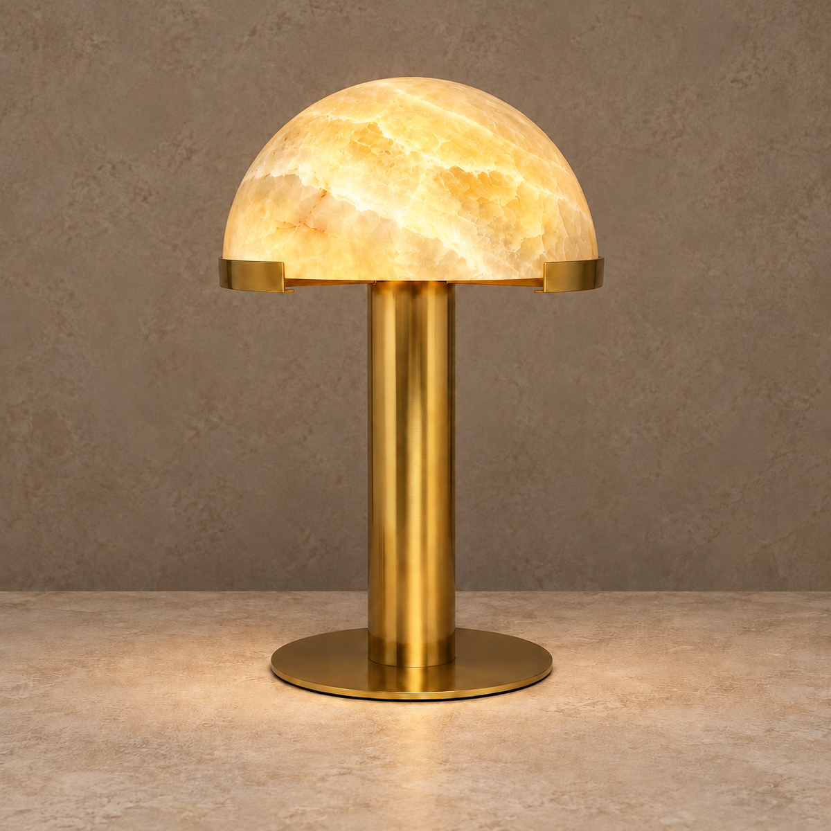 Honey Onyx Dome Table Lamp with Brass illuminated, with the same natural stone bands visible. 50 cm high × 30 cm dome diameter.