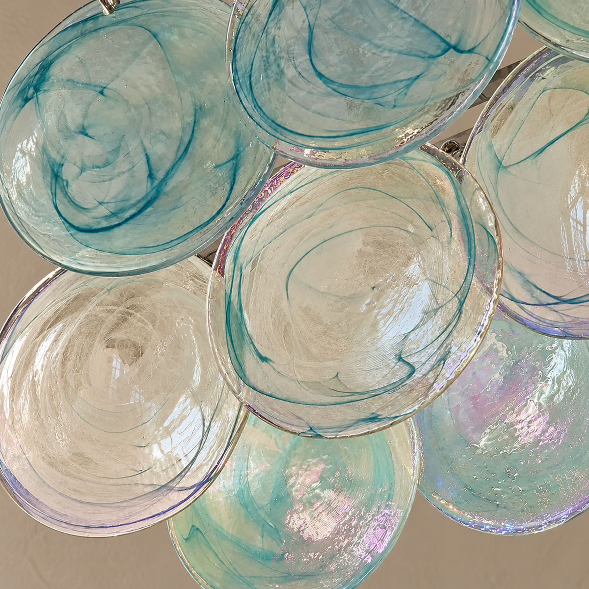 Iridescent Blue Glass Disc Linear Chandelier | Over a Kitchen Island Twin Chains Set to your Ceiling Casalola Lights